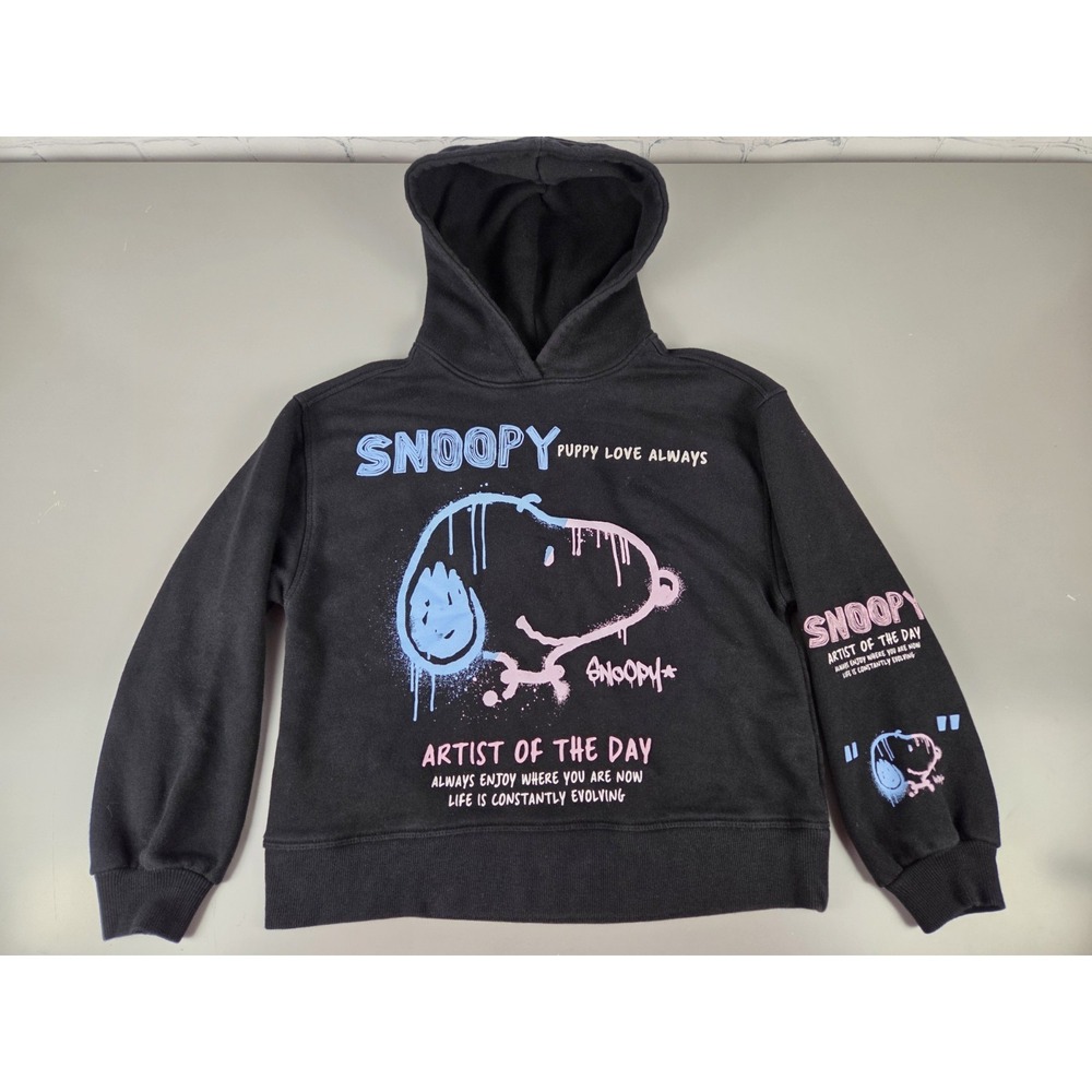 Zara Peanuts Snoopy Puppy Love Always Hoodie Black Sweater Unisex Kids 11-12 EUC